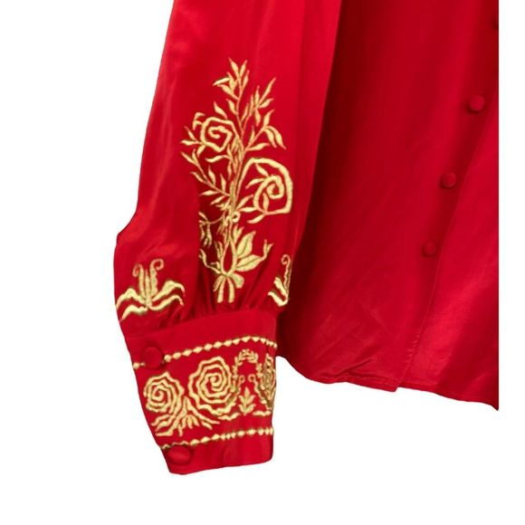 Vintage Diane Von Furstenberg Red Silk Blouse with Gold Embroidery size L - Picture 3 of 8